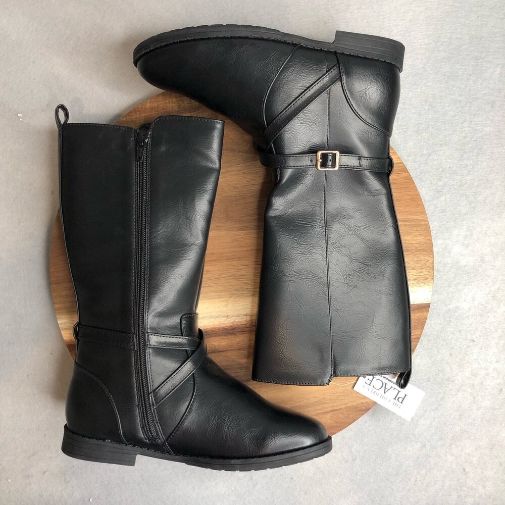 Childrens Place NWT Girl Buckle Tall Boots Black Size 4 Side Zipper Faux Leather - Picture 2 of 8